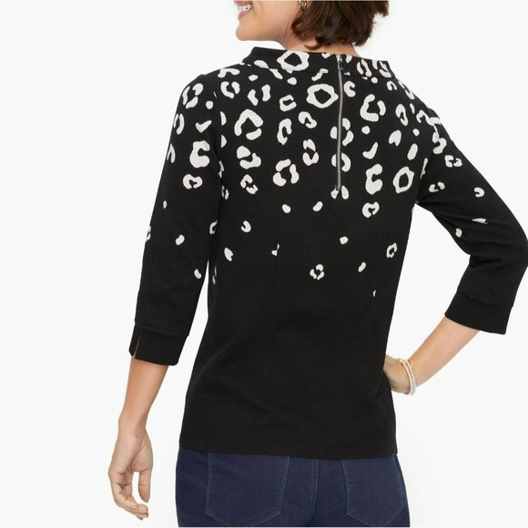 Talbots Jacquard Ombre Leopard Print Sweater Top S Black White Knit Zip Back New - Picture 13 of 13